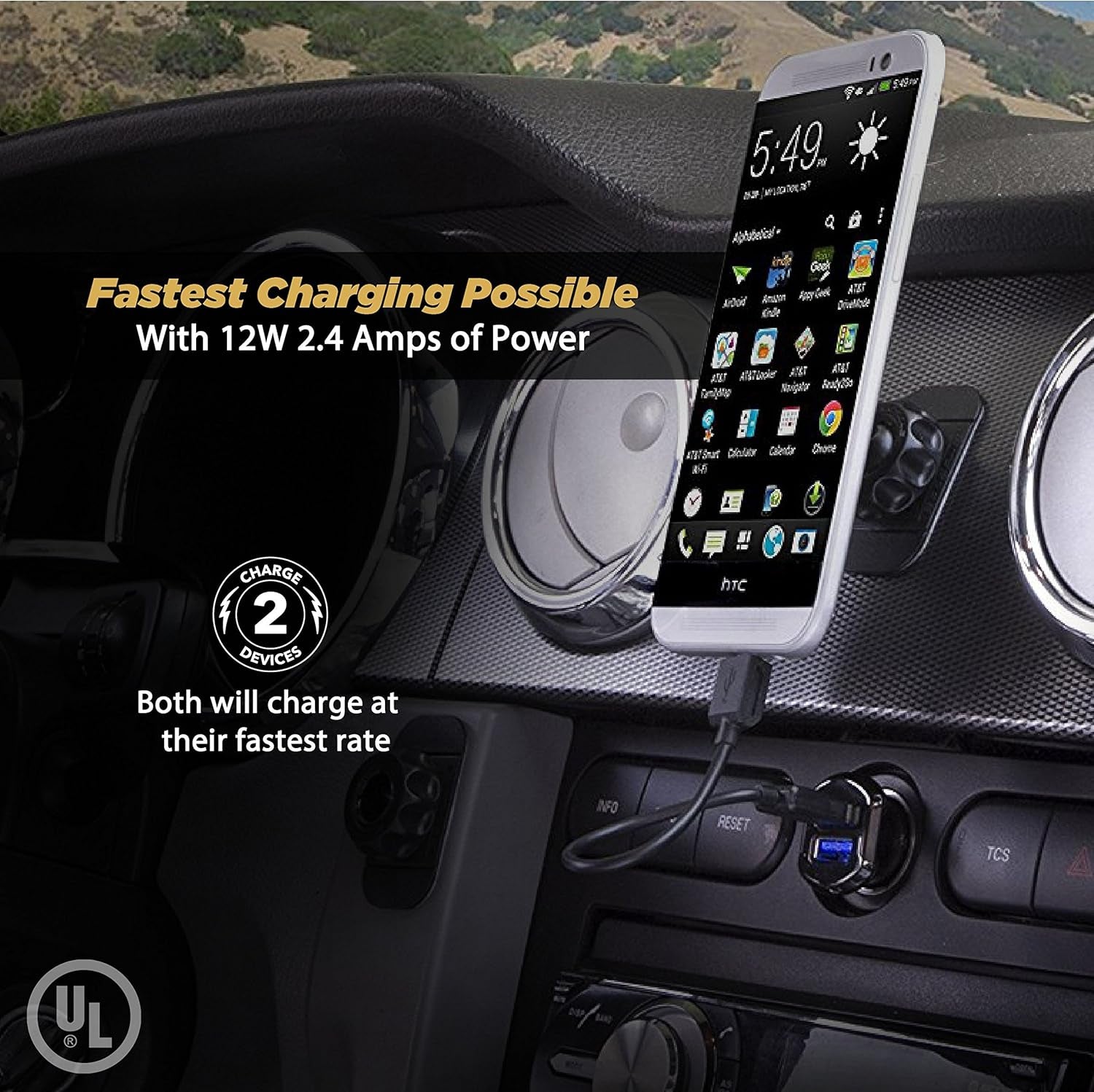 USBC242M Revolt Universal Cigarette Lighter Multi Device Compact Dual Port USB Car Charger, Fast Charge Two Devices Simultaneously, Black